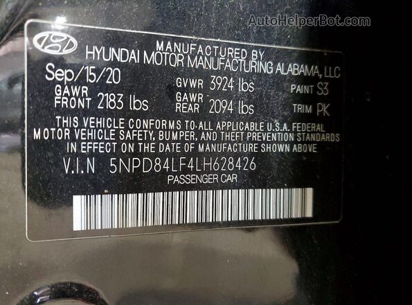 5NPD84LF4LH628426 2020 HYUNDAI ELANTRA Black Widok komory silnika