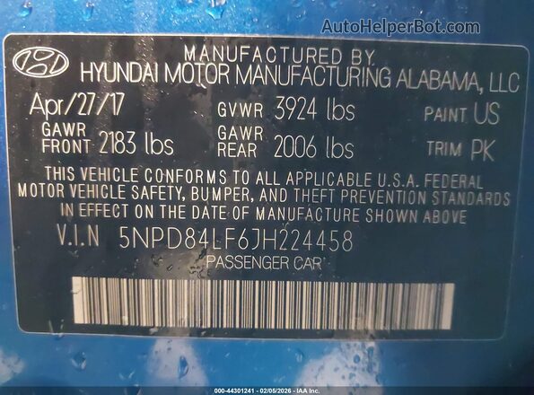 5NPD84LF6JH224458 2018 HYUNDAI ELANTRA Blue Widok komory silnika