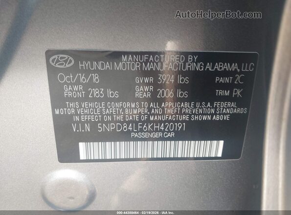 5NPD84LF6KH420191 2019 HYUNDAI ELANTRA Gray 