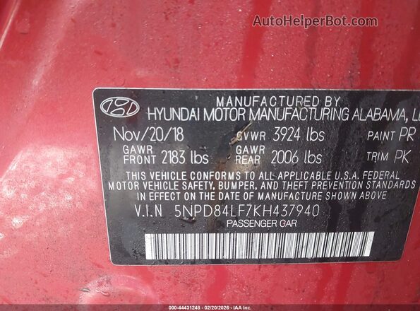 5NPD84LF7KH437940 2019 HYUNDAI ELANTRA Red Widok komory silnika