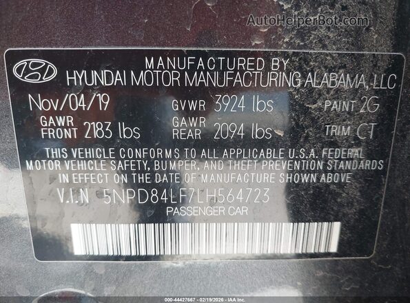 5NPD84LF7LH564723 2020 HYUNDAI ELANTRA Серый Вид подкапотного пространства