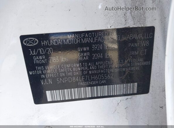 5NPD84LF7LH605562 2020 HYUNDAI ELANTRA White Engine compartment view