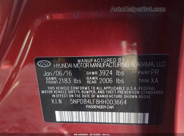5NPD84LF8HH003664 2017 HYUNDAI ELANTRA Red Вид підкапотного простору
