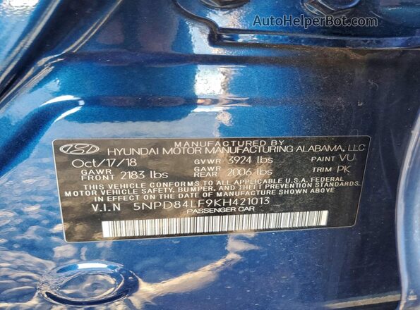 5NPD84LF9KH421013 2019 HYUNDAI ELANTRA Blue 