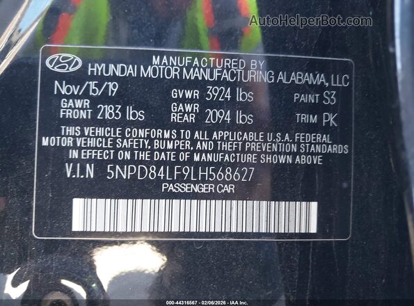 5NPD84LF9LH568627 2020 HYUNDAI ELANTRA Black Engine compartment view