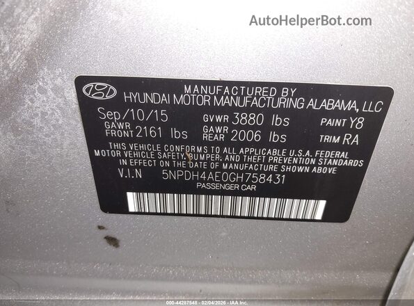 5NPDH4AE0GH758431 2016 HYUNDAI ELANTRA Silver ძრავის განყოფილების ხედი