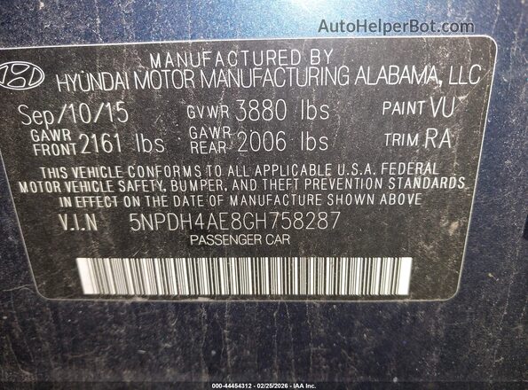 5NPDH4AE8GH758287 2016 HYUNDAI ELANTRA Blue Engine compartment view