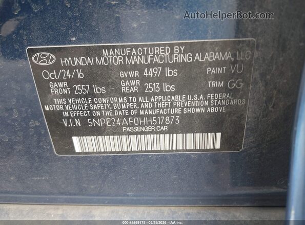5NPE24AF0HH517873 2017 HYUNDAI SONATA Blue Engine compartment view