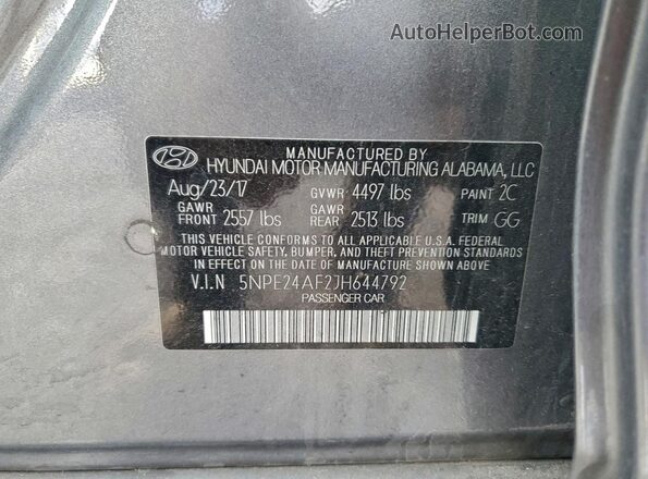 5NPE24AF2JH644792 2018 HYUNDAI SONATA Gray Widok komory silnika