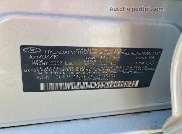 5NPE24AF2KH803151 2019 HYUNDAI SONATA Silver 