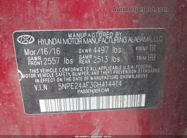 5NPE24AF3GH414414 2016 HYUNDAI SONATA Red Vista del compartimento del motor