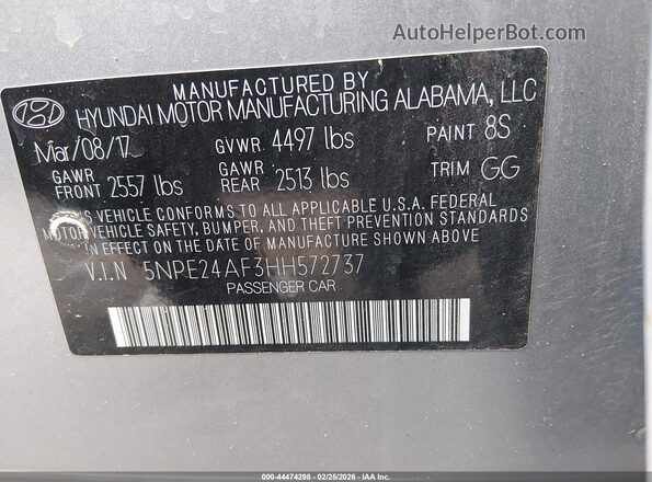 5NPE24AF3HH572737 2017 HYUNDAI SONATA Silver ძრავის განყოფილების ხედი