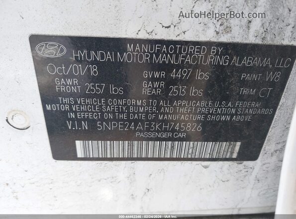 5NPE24AF3KH745826 2019 HYUNDAI SONATA Белый Вид подкапотного пространства