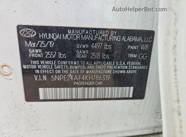 5NPE24AF4KH786319 2019 HYUNDAI SONATA Белый 