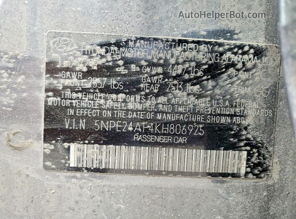 5NPE24AF4KH806925 2019 HYUNDAI SONATA Gray Vista del compartimento del motor