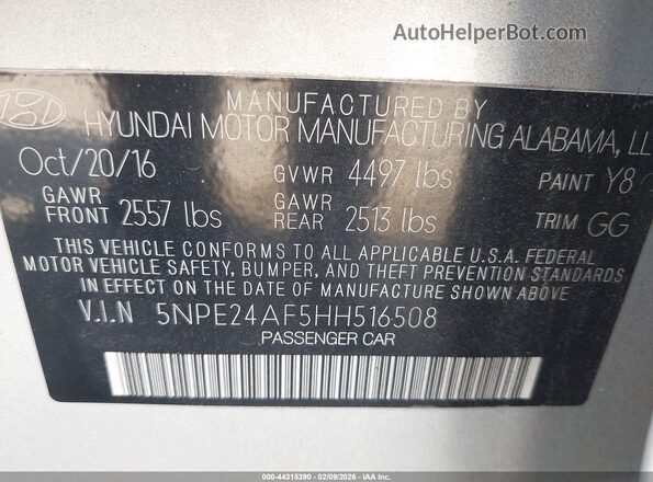 5NPE24AF5HH516508 2017 HYUNDAI SONATA Silver Вид підкапотного простору