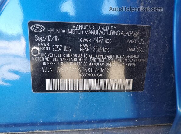 5NPE24AF5KH741812 2019 HYUNDAI SONATA Blue 