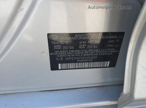 5NPE24AF5KH761624 2019 HYUNDAI SONATA Silver 