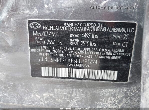 5NPE24AF5KH793294 2019 HYUNDAI SONATA Gray 