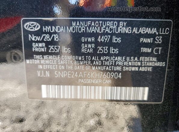 5NPE24AF6KH760904 2019 HYUNDAI SONATA Black Engine compartment view