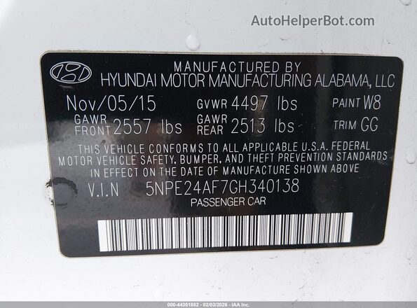 5NPE24AF7GH340138 2016 HYUNDAI SONATA White Widok komory silnika