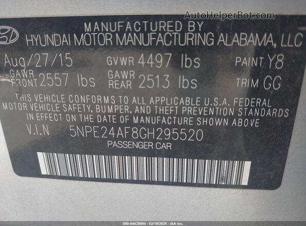 5NPE24AF8GH295520 2016 HYUNDAI SONATA Silver Vista del compartimento del motor