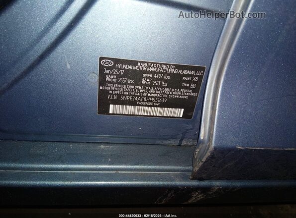 5NPE24AF8HH551639 2017 HYUNDAI SONATA Navy Շարժիչի բաժամունքի տեսք