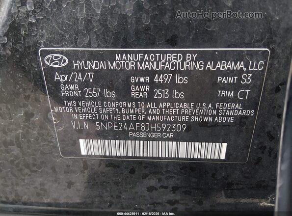 5NPE24AF8JH592309 2018 HYUNDAI SONATA Черный Вид подкапотного пространства
