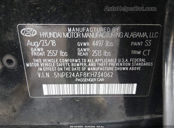 5NPE24AF8KH734062 2019 HYUNDAI SONATA Black 