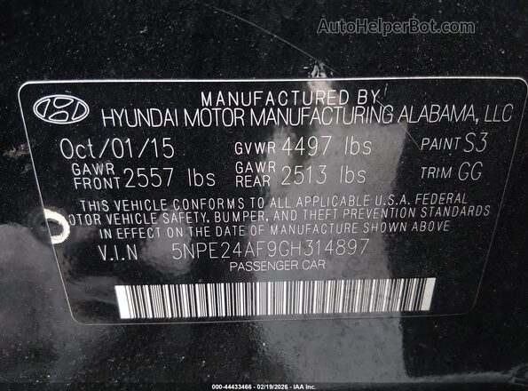 5NPE24AF9GH314897 2016 HYUNDAI SONATA Black Widok komory silnika