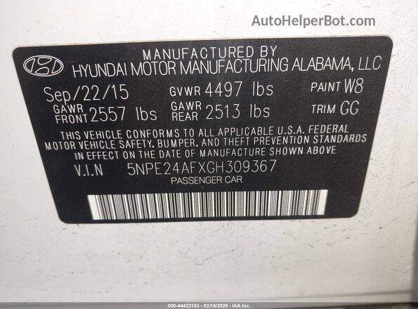 5NPE24AFXGH309367 2016 HYUNDAI SONATA White ძრავის განყოფილების ხედი