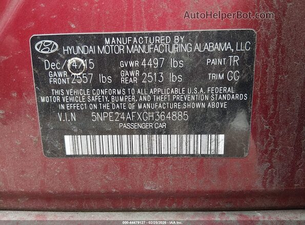 5NPE24AFXGH364885 2016 HYUNDAI SONATA Red Vista del compartimento del motor