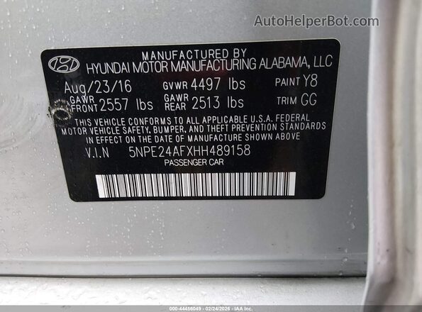 5NPE24AFXHH489158 2017 HYUNDAI SONATA Silver ძრავის განყოფილების ხედი
