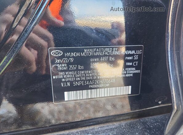 5NPE34AF2KH770648 2019 HYUNDAI SONATA Black Vista del compartimento del motor