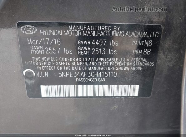 5NPE34AF3GH415110 2016 HYUNDAI SONATA Brown Вид підкапотного простору