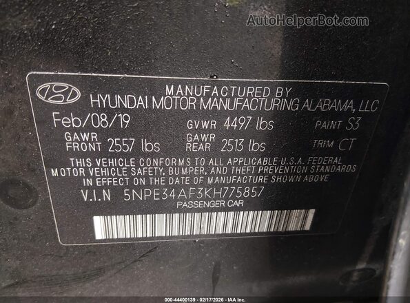 5NPE34AF3KH775857 2019 HYUNDAI SONATA Black Widok komory silnika