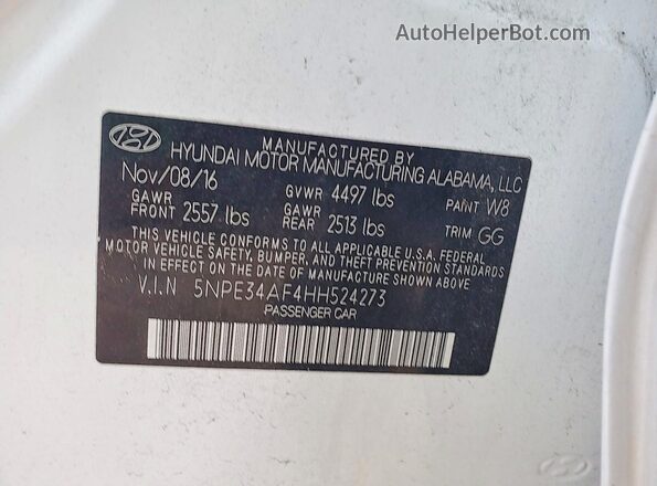 5NPE34AF4HH524273 2017 HYUNDAI SONATA Белый Вид подкапотного пространства