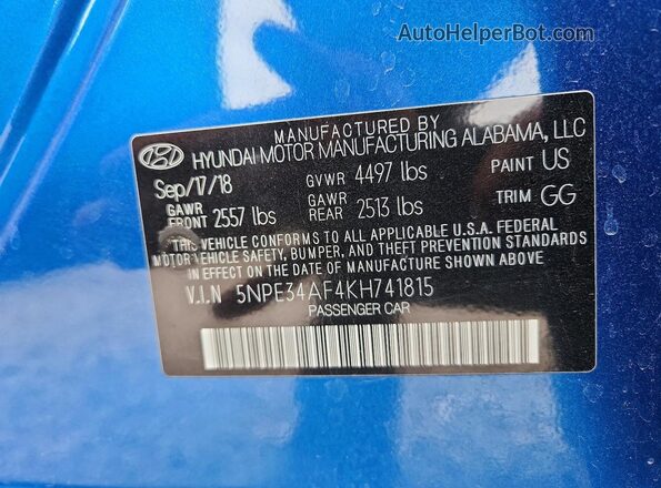 5NPE34AF4KH741815 2019 HYUNDAI SONATA Blue 