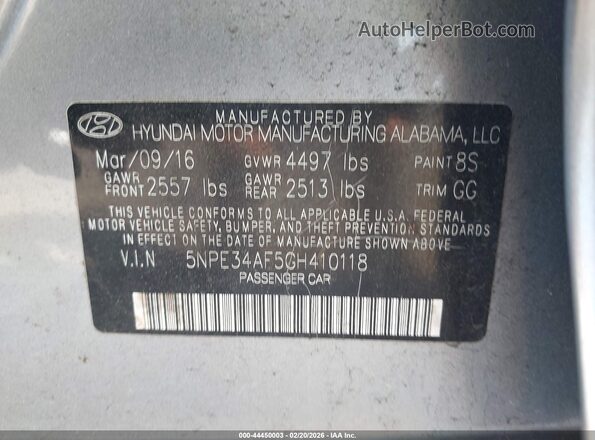 5NPE34AF5GH410118 2016 HYUNDAI SONATA Серебряный Вид подкапотного пространства