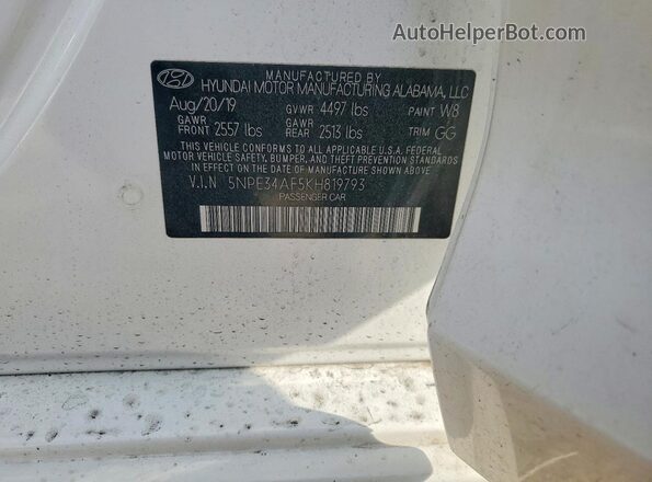 5NPE34AF5KH819793 2019 HYUNDAI SONATA White Vista de la etiqueta del VIN