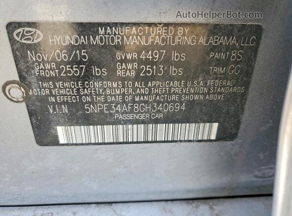 5NPE34AF8GH340694 2016 HYUNDAI SONATA Silver Вид підкапотного простору