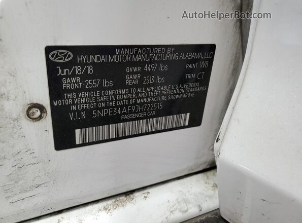 5NPE34AF9JH722515 2018 HYUNDAI SONATA White 