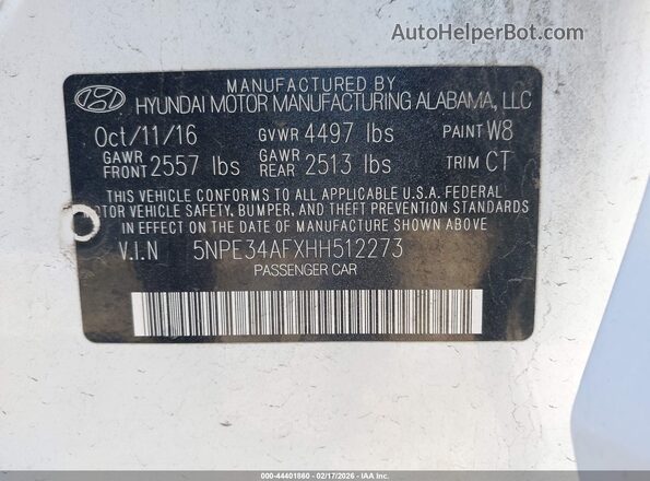 5NPE34AFXHH512273 2017 HYUNDAI SONATA White 
