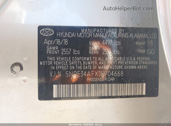 5NPE34AFXJH704668 2018 HYUNDAI SONATA Silver ძრავის განყოფილების ხედი