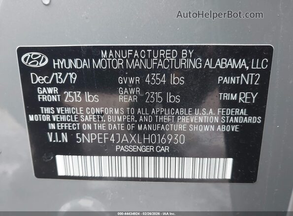 5NPEF4JAXLH016930 2020 HYUNDAI SONATA Gray Vista del compartimento del motor
