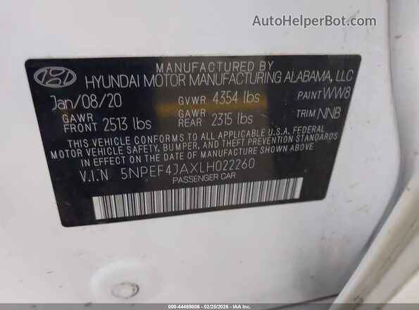 5NPEF4JAXLH022260 2020 HYUNDAI SONATA White 