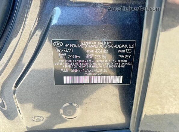 5NPEF4JAXLH028138 2020 HYUNDAI SONATA Gray უკანა სალონის ხედი