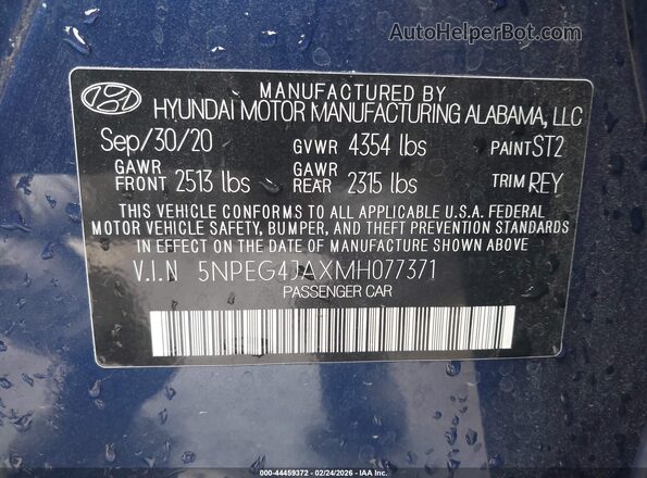 5NPEG4JAXMH077371 2021 HYUNDAI SONATA Blue 