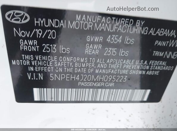 5NPEH4J20MH095223 2021 HYUNDAI SONATA Белый Вид подкапотного пространства
