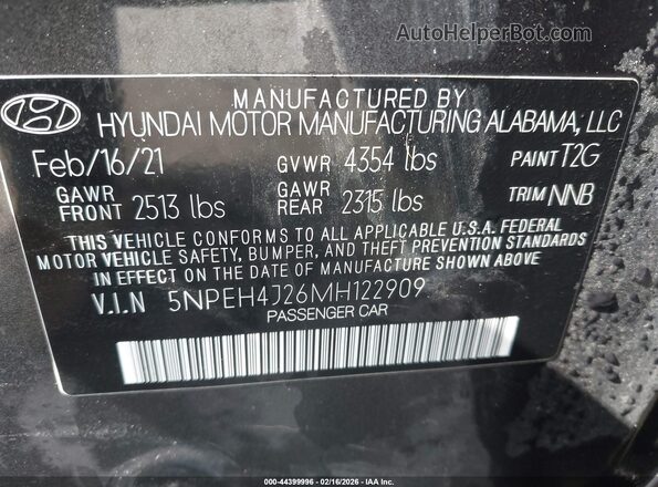 5NPEH4J26MH122909 2021 HYUNDAI SONATA Gray Вид підкапотного простору